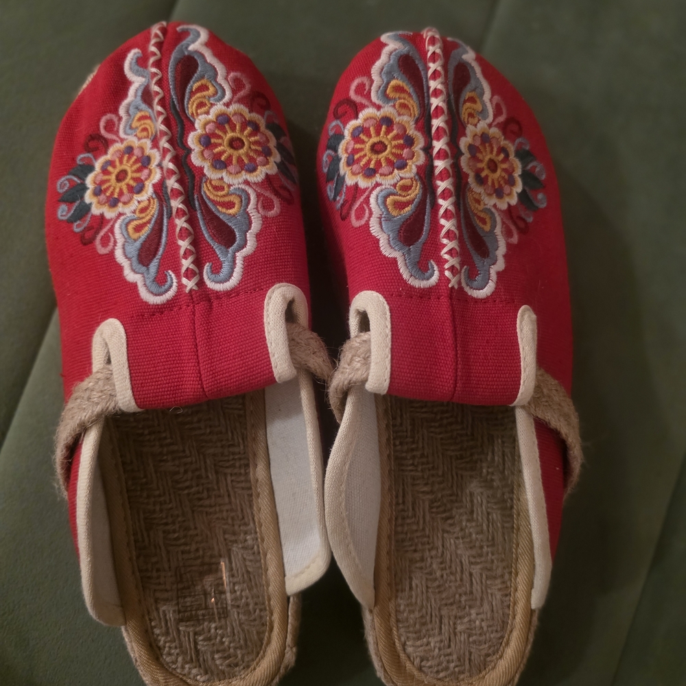 Embroidered Red Mules